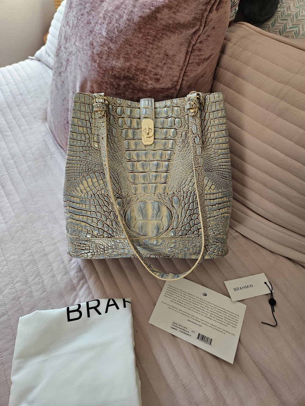 Brahmin Blue Haze Fiora Croc-Pattern Leather Shoulder Tote